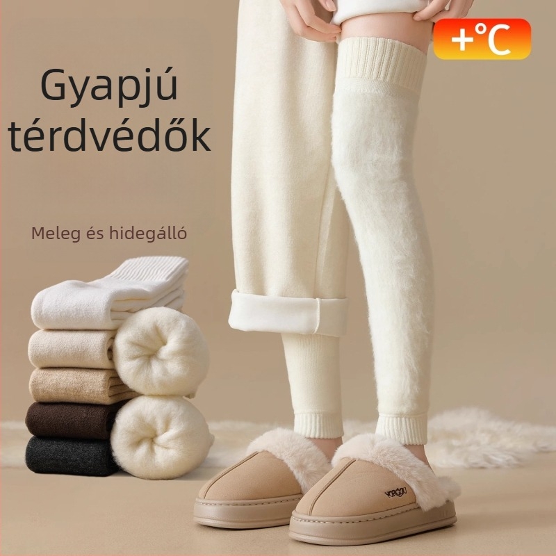 Női térd fölötti gyapjú zokni fleece-beléssel, vastag, minimalist stílus, egyszálas kötés