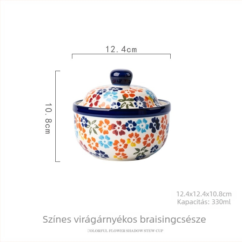 Kerámiából készült gőzölt tojásos tál fedővel, kör alakú, virágmintás