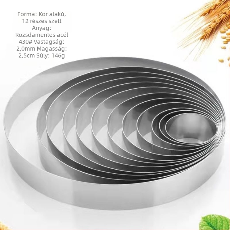 Rozsdamentes acélból készült kerek tortaformák, 12 darabos készlet, mousse gyűrűvel
