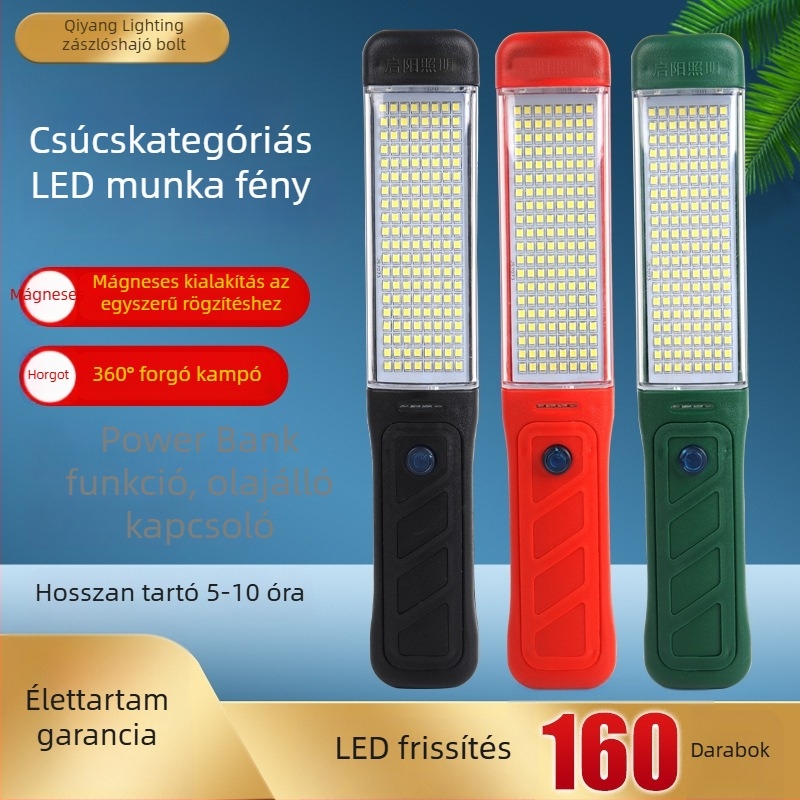 LED újratölthető munkalámpa mágneses kampóval, QY-82, ABS ipari minőségű műanyag, 30W, 5V, autó javítására és vészvilágításra.