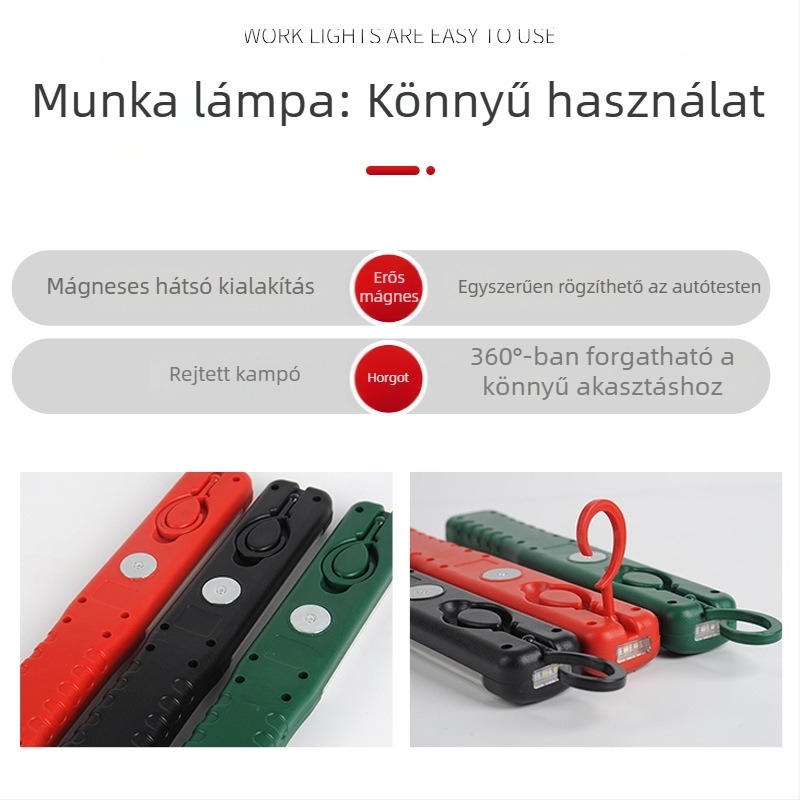 LED újratölthető munkalámpa mágneses kampóval, QY-82, ABS ipari minőségű műanyag, 30W, 5V, autó javítására és vészvilágításra.