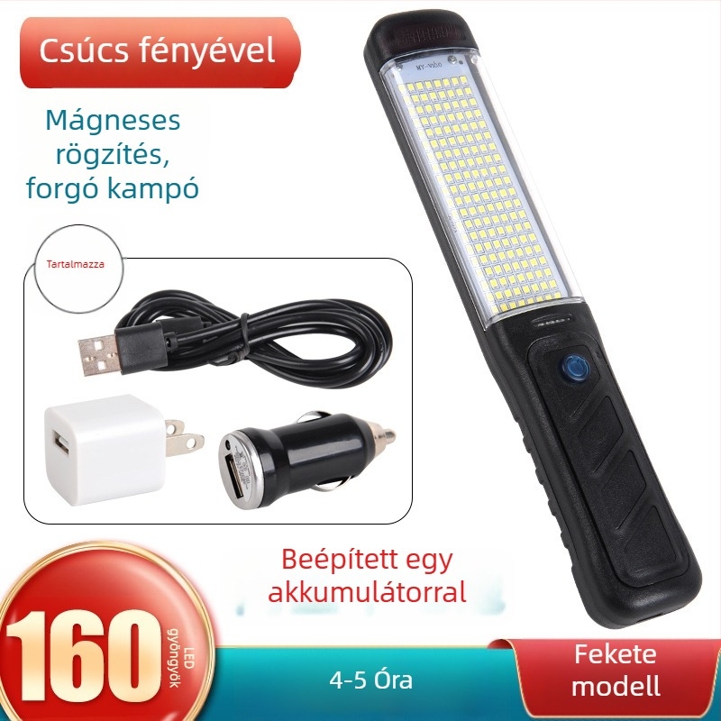 LED újratölthető munkalámpa mágneses kampóval, QY-82, ABS ipari minőségű műanyag, 30W, 5V, autó javítására és vészvilágításra.