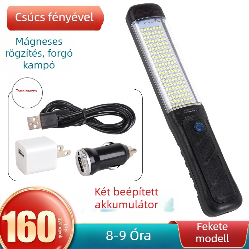 LED újratölthető munkalámpa mágneses kampóval, QY-82, ABS ipari minőségű műanyag, 30W, 5V, autó javítására és vészvilágításra.