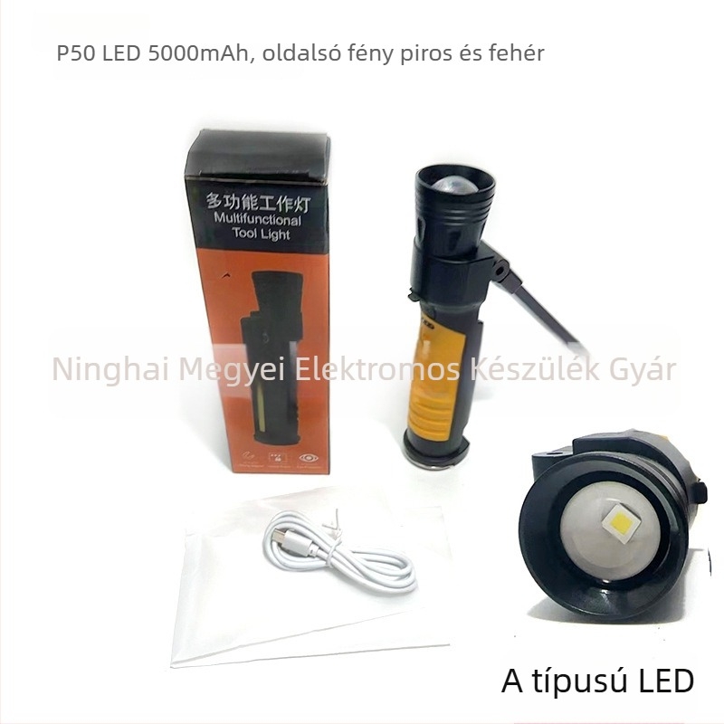 Tölthető COB összecsukható mágneses munkalámpa, LED 20W, 5000mAh akkumulátor, 200–500 m fénysugár, töltő a csomagban, túrákhoz és kempingezéshez