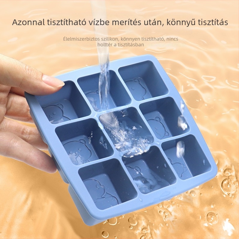 Szilikon forma kilenc rekesszel, négyzet alakú, 30 ml rekeszenként, bébiételhez (mackó motívummal).