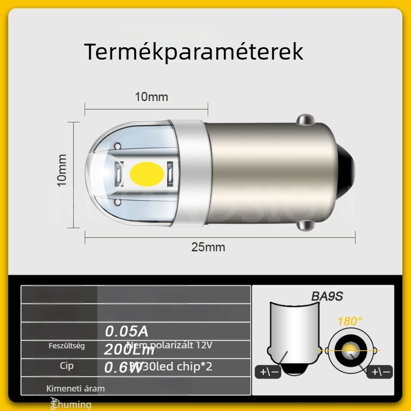 Autó LED olvasólámpa BA9S/T10, 3030 2SMD, kerek fej, 12V, nagy fényerejű rendszámtábla világítás