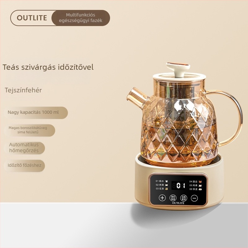 Multifunkcionális egészségtea-készítő, 1 L kapacitás, 220 V, 300–350 W, kerámia belső tartály, folyadékexpanziós termosztát