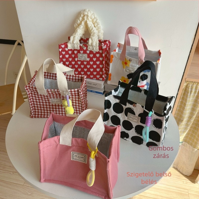 Lunchbox táska vászonból, vízszintes négyzetes forma, csattal záródó, bélés nélkül, mindennapi használatra