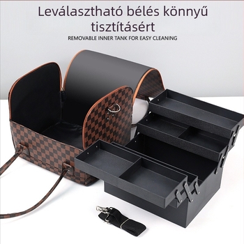 Koreai stílusú kozmetikai táska, nagy kapacitású, PU anyag, többszintes smink- és köröm eszköztartó, kerékkel és cipzáras nyitás