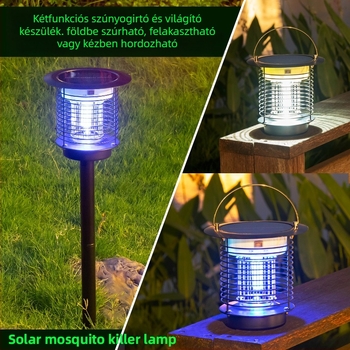 Napelemes szúnyogirtó lámpa kültéri használatra – beépített 2001–2500 mAh akkumulátor, LED rovarcsapda, rozsdamentes acél háló, 41–60㎡ lefedettség, merev kialakítás