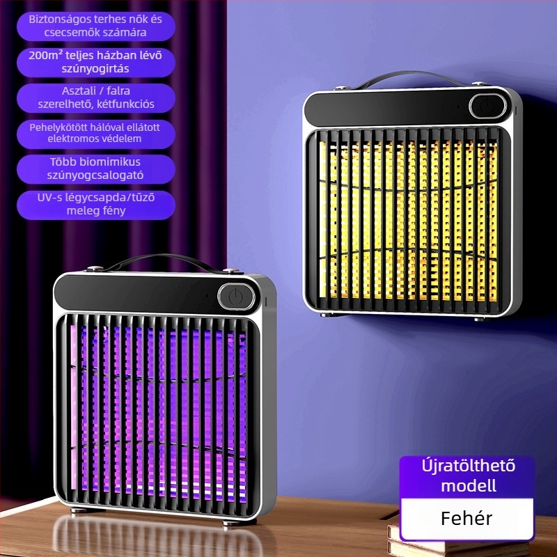 Áramütéses szúnyogirtó lámpa, USB-töltő, falra szerelhető, fotokatalitikus csali, 10 m²-es lefedettség