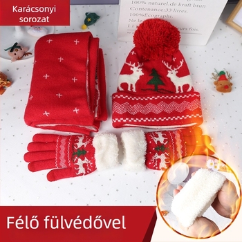 Meleg karácsonyi háromrészes ajándékkészlet: kötött sál, kesztyű és ruha fleece béléssel, mintákkal rénszarvas és hópehely