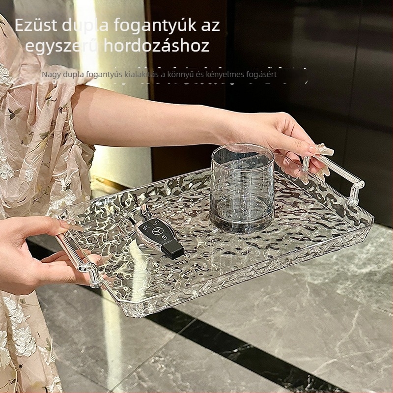 Átlátszó fogantyúval rendelkező étkező tál, téglalap alakú, vízhullám minta, arany fóliás felülettel