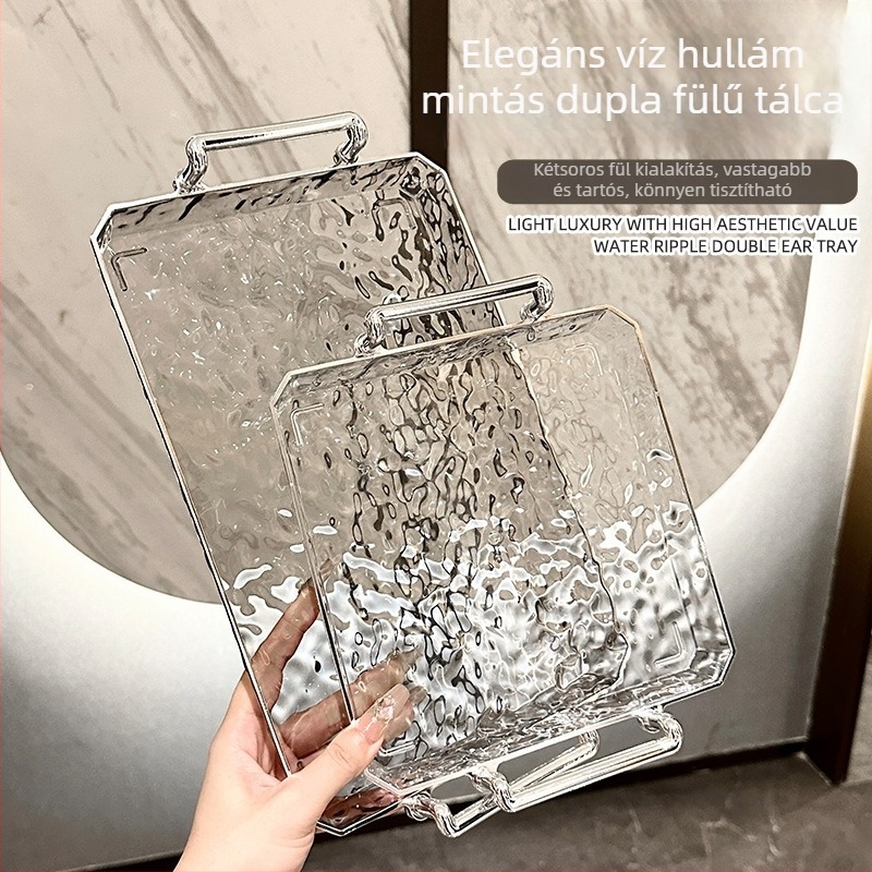 Átlátszó fogantyúval rendelkező étkező tál, téglalap alakú, vízhullám minta, arany fóliás felülettel