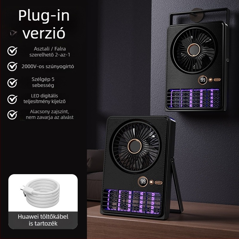 Falihoz szerelt szúnyogirtó lámpa elektromos sokkal, UV fény, beépített újratölthető akkumulátor és digitális kijelző, 41–60 m² területhez