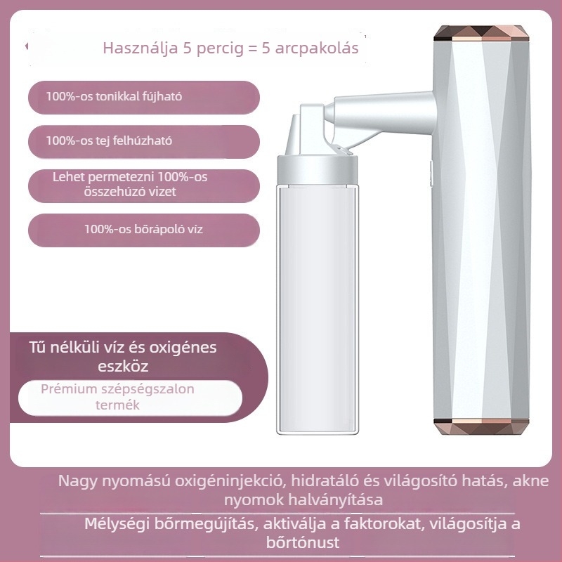 Kézben tartható oxigéninjekciós hidratáló arckezelő gőzölő — hordozható víz pótló készülék, IPX7 vízálló, beépített 300–500 mAh akkumulátor, CE/FCC/ROHS tanúsítvány