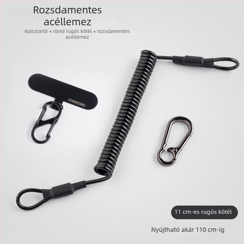 Mobiltelefon nyakpánt acélsodort rugós zsinórral, fém csattal és geometriai alakú medállal
