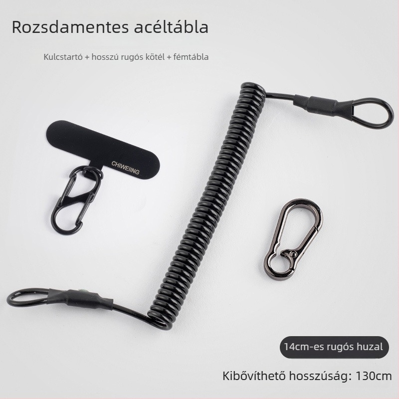 Mobiltelefon nyakpánt acélsodort rugós zsinórral, fém csattal és geometriai alakú medállal