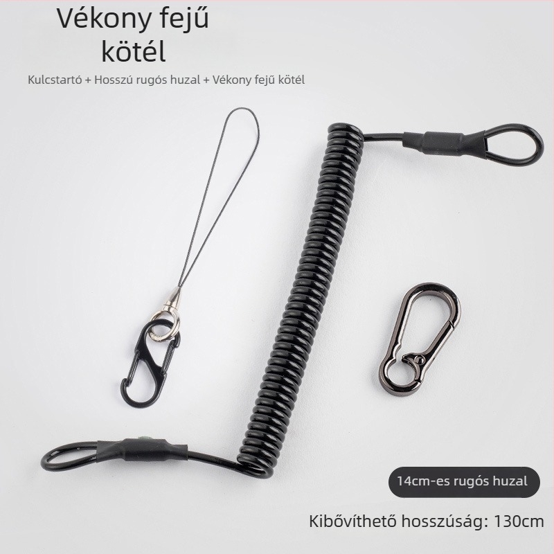 Mobiltelefon nyakpánt acélsodort rugós zsinórral, fém csattal és geometriai alakú medállal