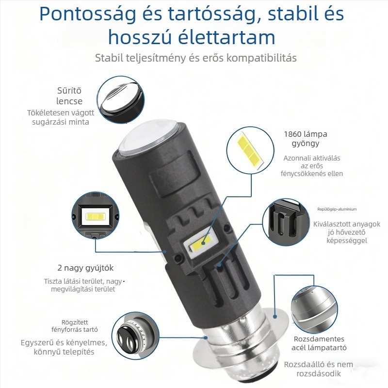Motorkerékpár LED spotlámpa, lencse H4/BA20D/P15D, 15W, 1500LM, 12-80V, 1860LED fényforrás, repülőgép-alumínium ház