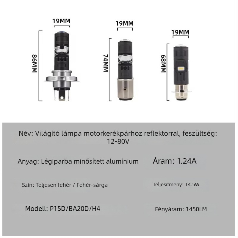 Motorkerékpár LED spotlámpa, lencse H4/BA20D/P15D, 15W, 1500LM, 12-80V, 1860LED fényforrás, repülőgép-alumínium ház