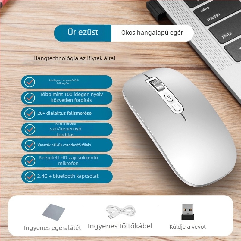 Bluetooth és 2.4G kettős módú vezeték nélküli egér, 4000 DPI, 5 gomb, újratölthető, ergonómikus kialakítás