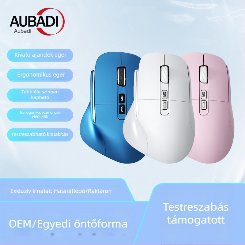 Három módban működő, csendes ergonómikus függőleges egér irodai és játékhoz, újratölthető, 1600 DPI, USB és Bluetooth, 8 gomb, méretek 127×83×47 mm