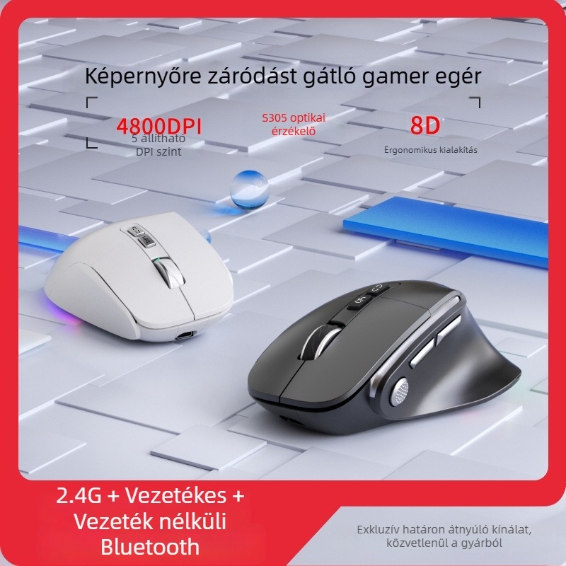 Három módban működő, csendes ergonómikus függőleges egér irodai és játékhoz, újratölthető, 1600 DPI, USB és Bluetooth, 8 gomb, méretek 127×83×47 mm