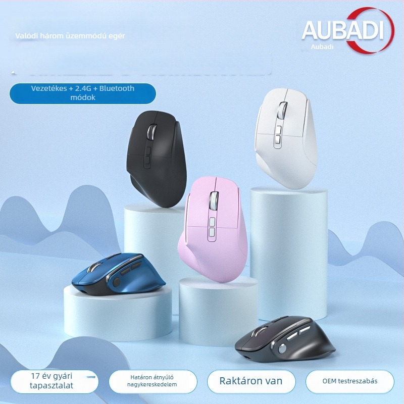 Három módban működő, csendes ergonómikus függőleges egér irodai és játékhoz, újratölthető, 1600 DPI, USB és Bluetooth, 8 gomb, méretek 127×83×47 mm