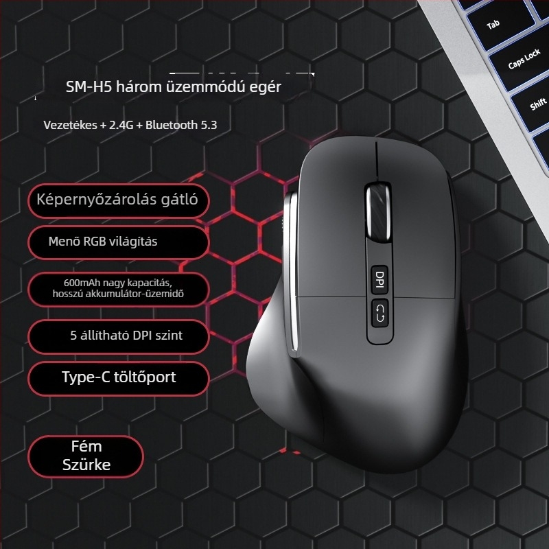 Három módban működő, csendes ergonómikus függőleges egér irodai és játékhoz, újratölthető, 1600 DPI, USB és Bluetooth, 8 gomb, méretek 127×83×47 mm