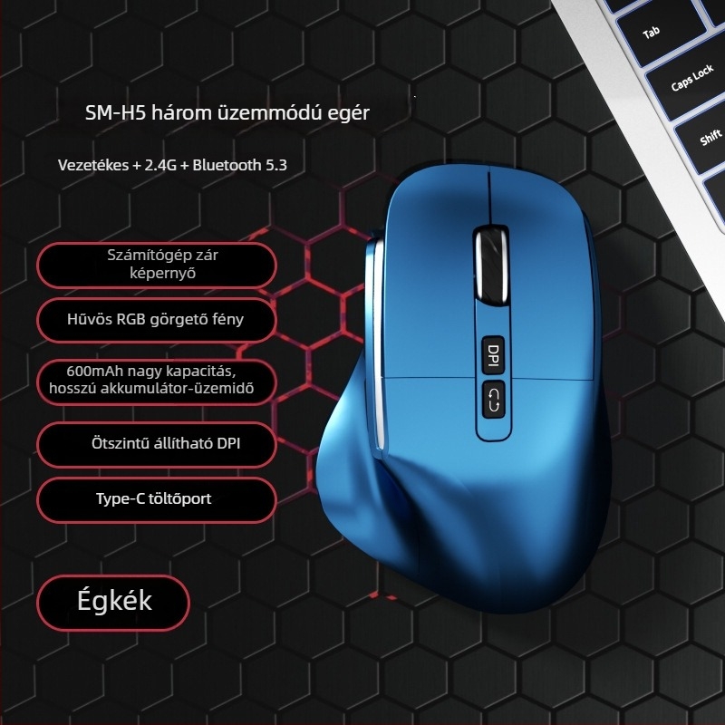 Három módban működő, csendes ergonómikus függőleges egér irodai és játékhoz, újratölthető, 1600 DPI, USB és Bluetooth, 8 gomb, méretek 127×83×47 mm