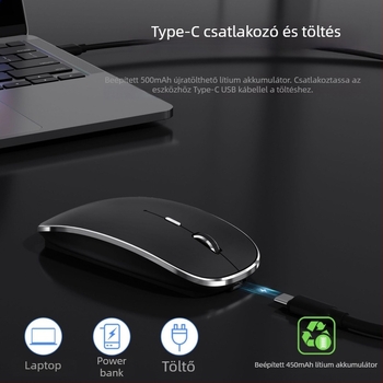 Bluetooth vezeték nélküli egér Type-C töltéssel, USB duál vevő, 1600 dpi, csendes, ergonómikus.