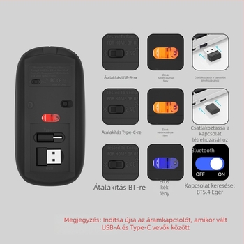 Bluetooth vezeték nélküli egér Type-C töltéssel, USB duál vevő, 1600 dpi, csendes, ergonómikus.