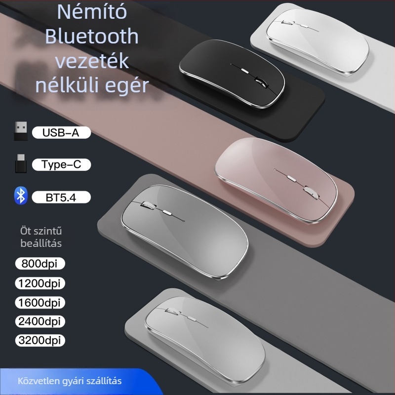 Bluetooth vezeték nélküli egér Type-C töltéssel, USB duál vevő, 1600 dpi, csendes, ergonómikus.