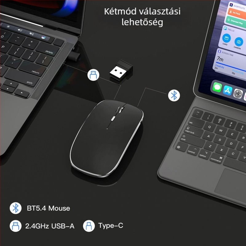 Bluetooth vezeték nélküli egér Type-C töltéssel, USB duál vevő, 1600 dpi, csendes, ergonómikus.