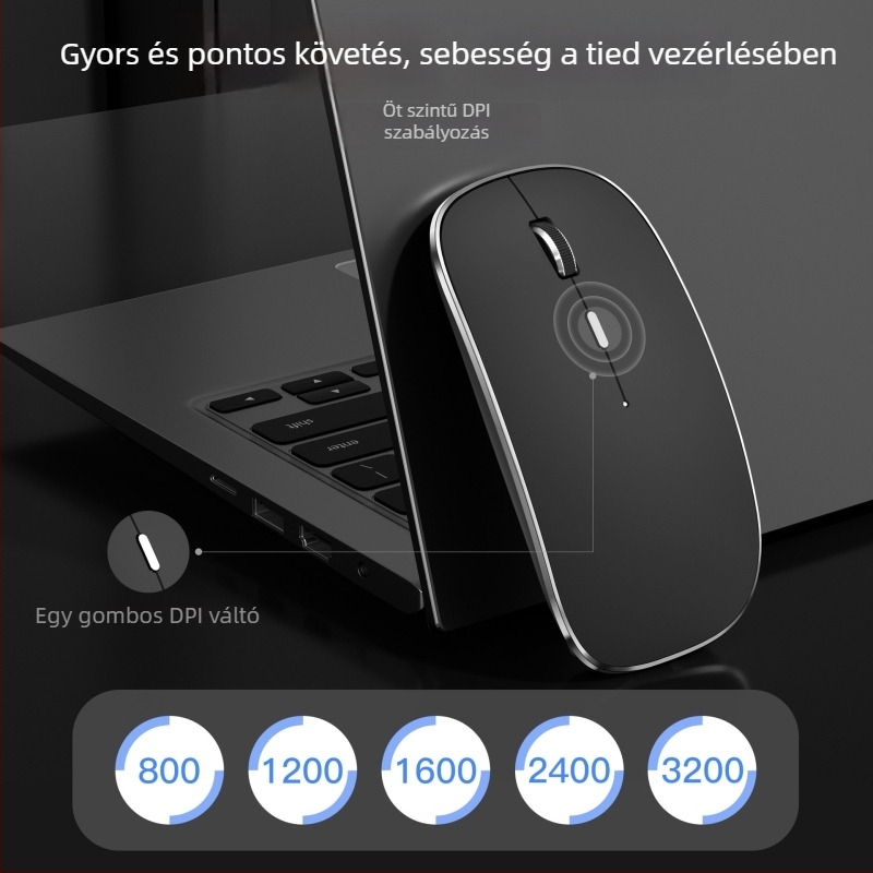 Bluetooth vezeték nélküli egér Type-C töltéssel, USB duál vevő, 1600 dpi, csendes, ergonómikus.