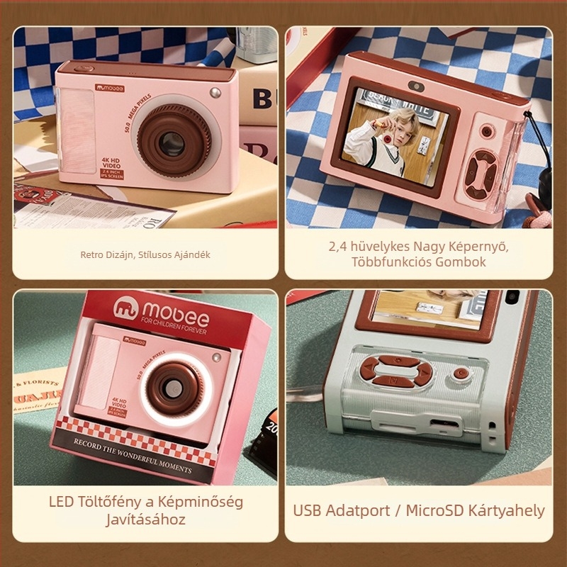 MOBEE gyerekeknek szóló retro digitális kamera PN-F002, 9600W pixelek, 32GB tárhely, 2,4 hüvelykes LCD kijelző, 8 órás üzemidő