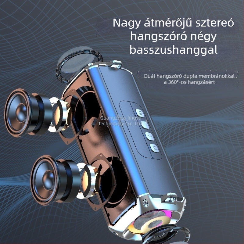Bluetooth hangszóró kettős hangszórókkal, IPX7 vízálló, Bluetooth 5.0, 100 Hz–20 kHz, bemenetek: 3,5 mm jack, USB, TF kártya, Bluetooth; beépített akkumulátor nélkül; kültéri használatra