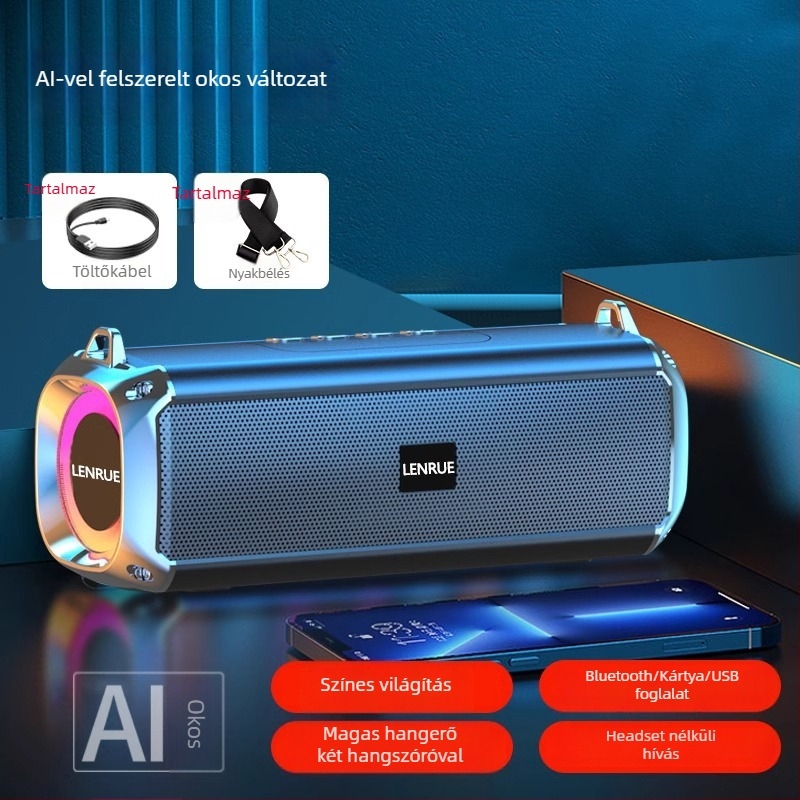 Bluetooth hangszóró kettős hangszórókkal, IPX7 vízálló, Bluetooth 5.0, 100 Hz–20 kHz, bemenetek: 3,5 mm jack, USB, TF kártya, Bluetooth; beépített akkumulátor nélkül; kültéri használatra