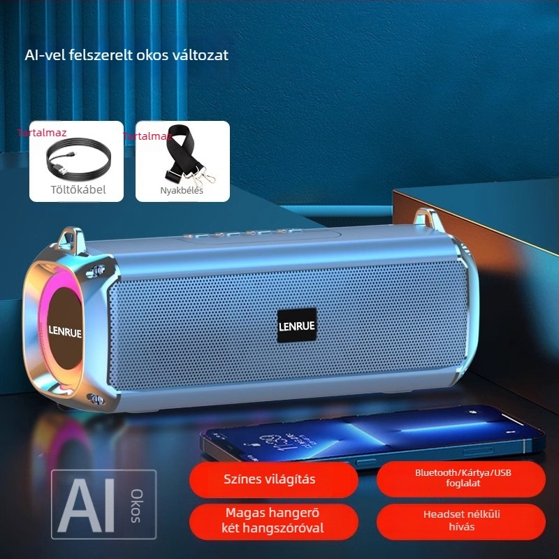 Bluetooth hangszóró kettős hangszórókkal, IPX7 vízálló, Bluetooth 5.0, 100 Hz–20 kHz, bemenetek: 3,5 mm jack, USB, TF kártya, Bluetooth; beépített akkumulátor nélkül; kültéri használatra