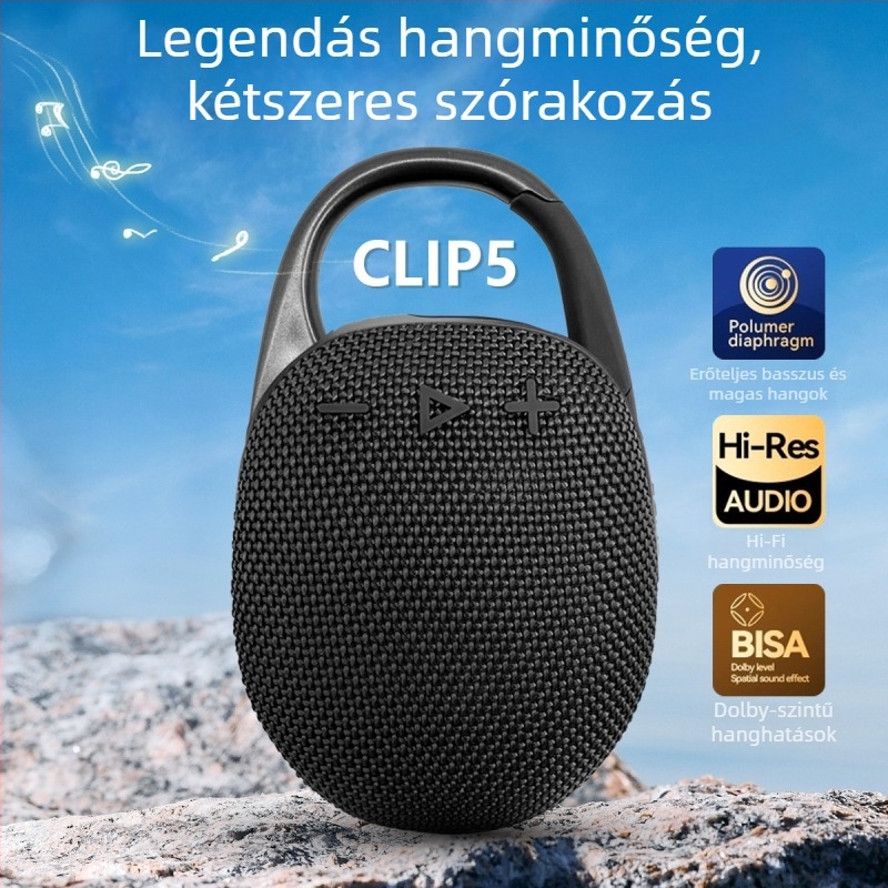 Clip5 Vezeték nélküli Bluetooth hangszóró kampóval, IPX6 vízálló, 5W, Bluetooth 5.3, 100 Hz–20 kHz, beépített akkumulátor 500–800 mAh