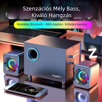 Asztali PC hangfalak Bluetooth és USB, 3,5 mm-es kábeles csatlakozás, 100 Hz–20 kHz, SNR ≥70 dB, IPX7 vízállóság, vezeték nélküli töltés