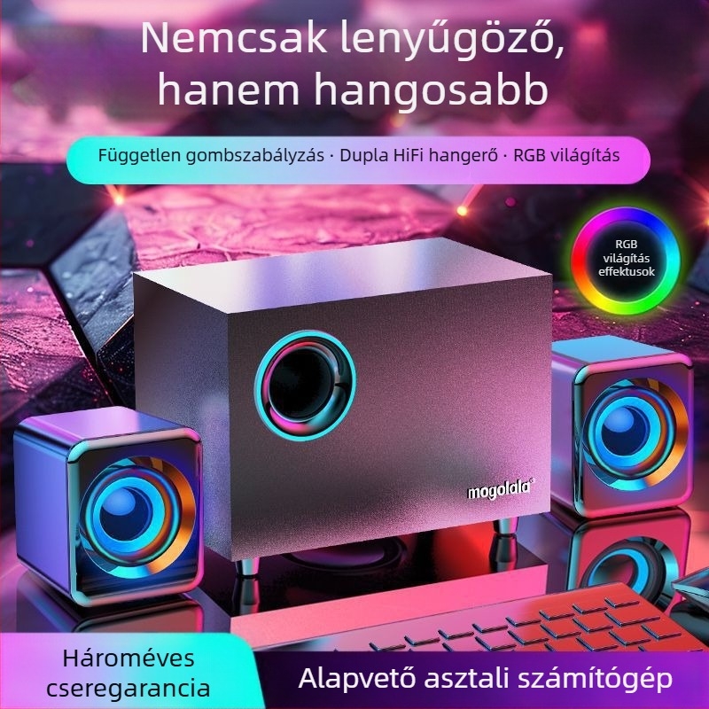 Asztali PC hangfalak Bluetooth és USB, 3,5 mm-es kábeles csatlakozás, 100 Hz–20 kHz, SNR ≥70 dB, IPX7 vízállóság, vezeték nélküli töltés