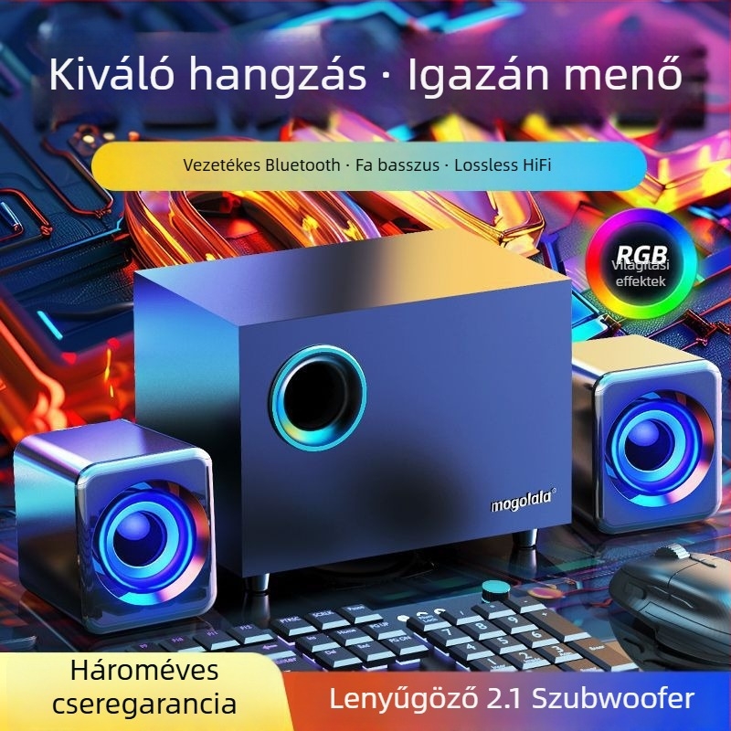 Asztali PC hangfalak Bluetooth és USB, 3,5 mm-es kábeles csatlakozás, 100 Hz–20 kHz, SNR ≥70 dB, IPX7 vízállóság, vezeték nélküli töltés