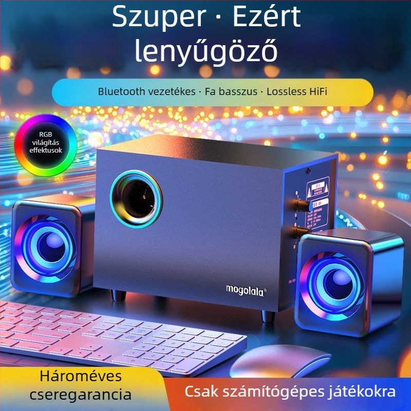 Asztali PC hangfalak Bluetooth és USB, 3,5 mm-es kábeles csatlakozás, 100 Hz–20 kHz, SNR ≥70 dB, IPX7 vízállóság, vezeték nélküli töltés