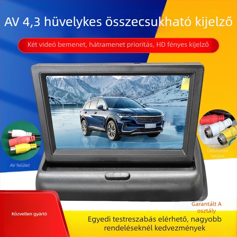 Autó LCD kijelző, 4,3 hüvelykes összecsukható modell, LCD kijelző, 480x272 felbontás, kétirányú bemenet