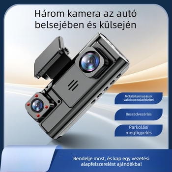 Autós videórögzítő három képernyővel és 360° panorámával, 4K felbontás, 5 MP fotók, 2,5 hüvelykes kijelző