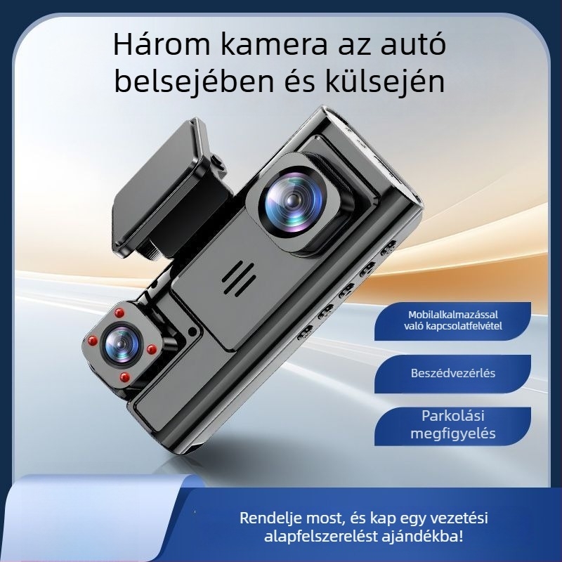 Autós videórögzítő három képernyővel és 360° panorámával, 4K felbontás, 5 MP fotók, 2,5 hüvelykes kijelző