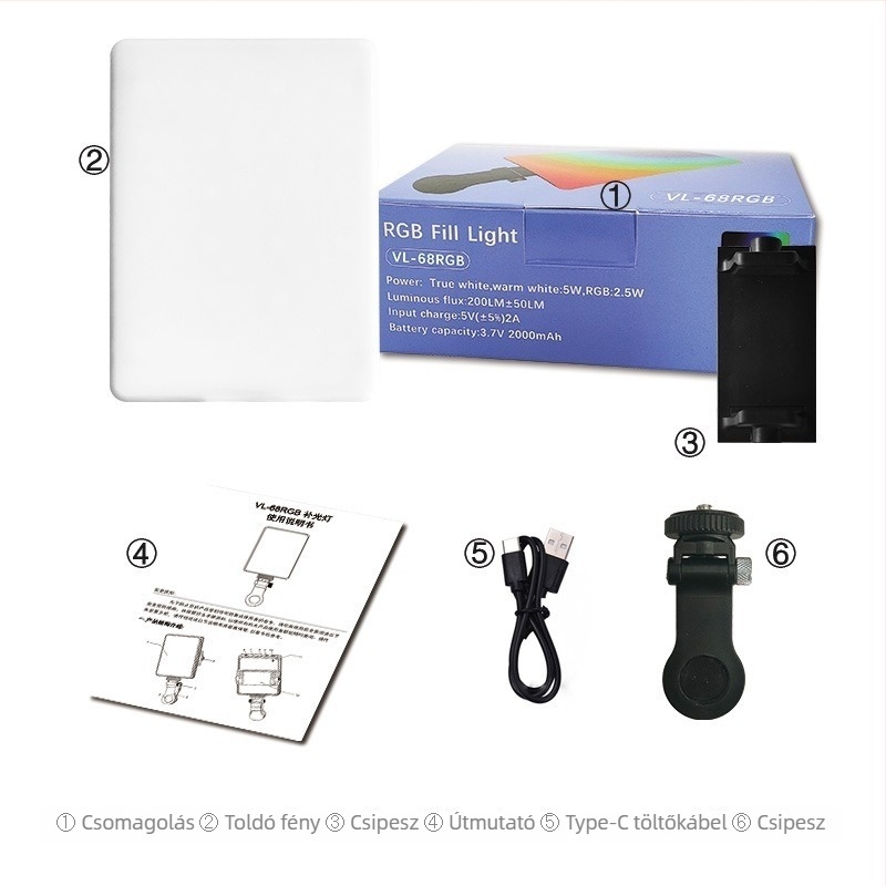 Clip-on mini töltőfény fotózáshoz • 5.5W • 5V/2A • mobiltelefonokra, kamerákra és tabletekre • kézi használat
