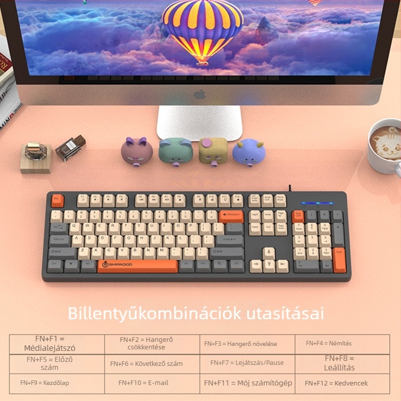 Lányoknak szóló billentyűzet és egér készlet, kábeles USB, optikai 1000dpi, ergonomikus, vízálló, 1,5 m kábel